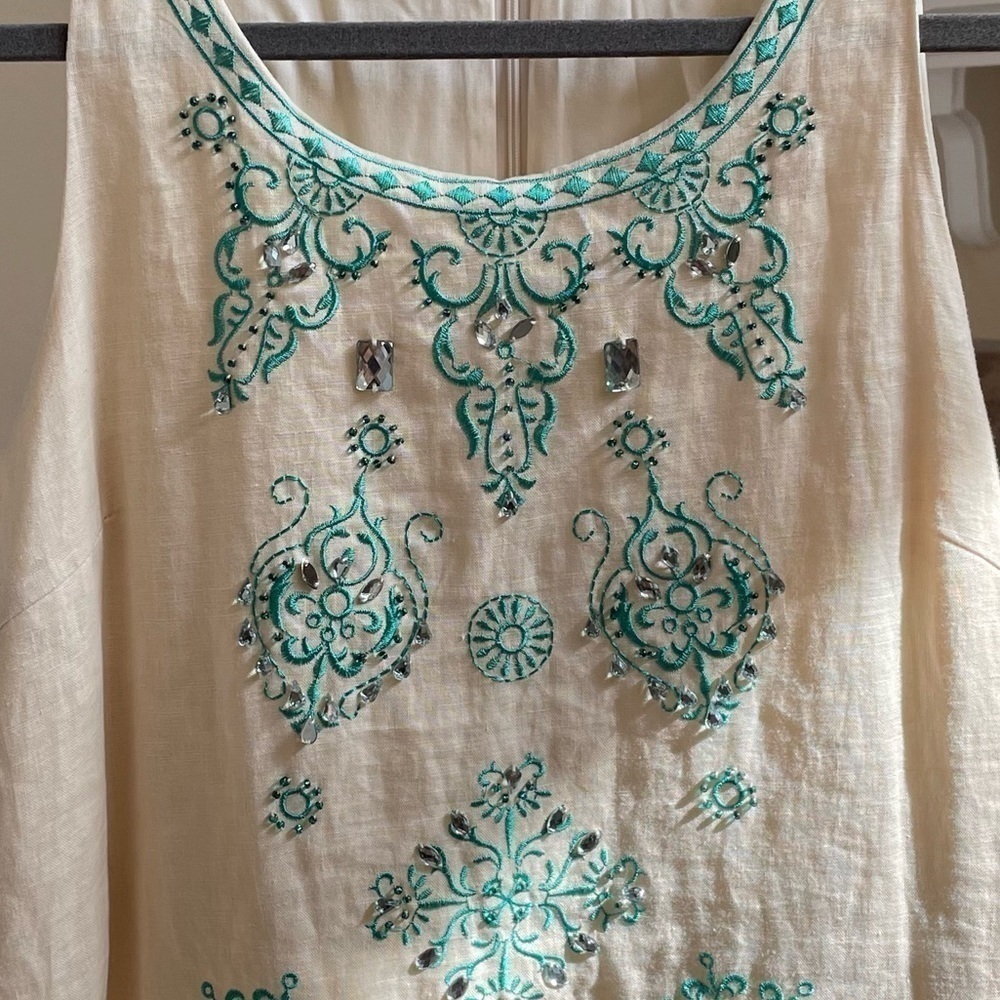 Linen Embroidered Sheath Rhinestone Dress - Picture 3 of 5